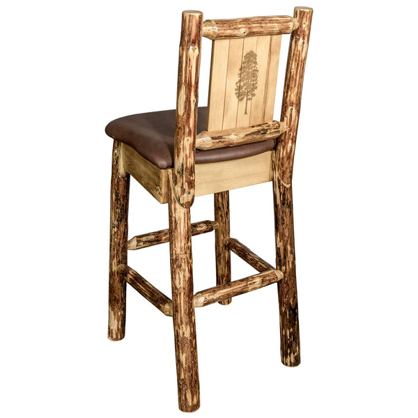 Montana Woodworks - Glacier Country Collection Barstool w/ Back - 44 in - Saddle Upholstery, w/ Laser Engraved Pine Tree Design