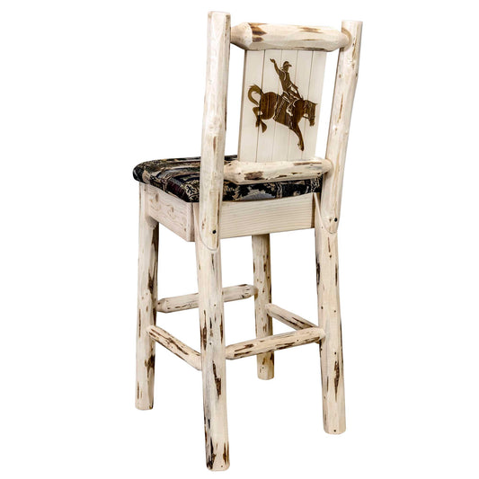 Montana Woodworks - Montana Collection Barstool w/ Back - Woodland Upholstery, w/ Laser Engraved Bronc Design, Ready to Finish - 44 in