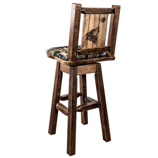 Montana Woodworks - Homestead Collection Counter Height Barstool w/ Back & Swivel, Woodland Upholstery w/ Laser Engraved Wolf Design - 38 in