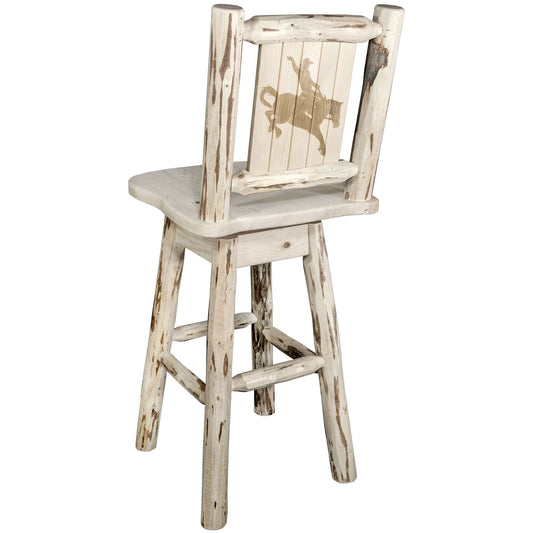 Montana Woodworks - Montana Collection Counter Height Barstool w/ Back & Swivel w/ Laser Engraved Bronc Design, Clear Lacquer Finish  - 38 in