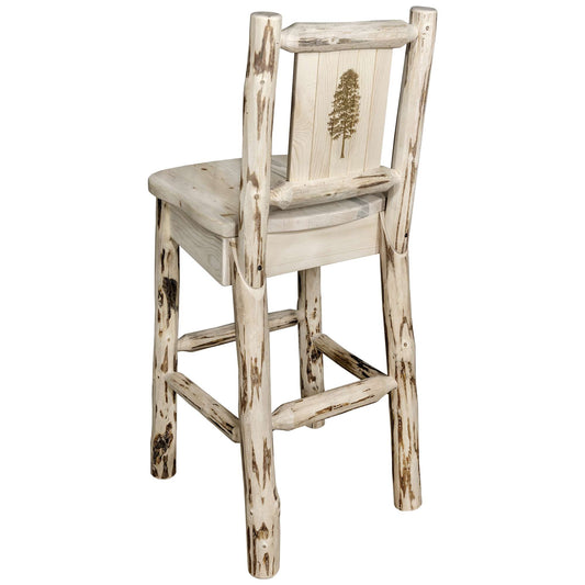 Montana Woodworks - Montana Collection Counter Height Barstool w/ Back, w/ Laser Engraved Pine Tree Design, Clear Lacquer Finish  - 38 in