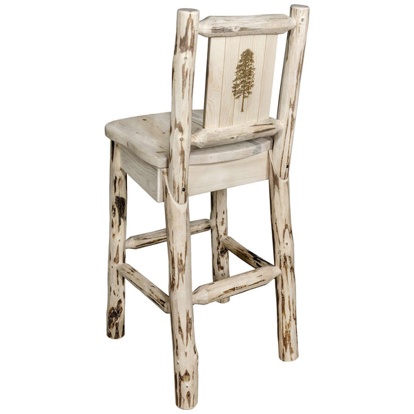 Montana Woodworks - Montana Collection Barstool w/ Back, w/ Laser Engraved Pine Tree Design, Clear Lacquer Finish  - 44 in