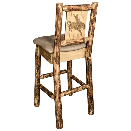 Montana Woodworks - Glacier Country Collection Barstool w/ Back - 44 in - Buckskin Upholstery, w/ Laser Engraved Bronc Design