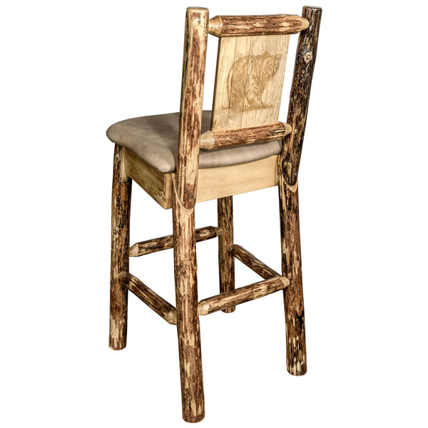 Montana Woodworks - Glacier Country Collection Barstool w/ Back - 44 in - Buckskin Upholstery, w/ Laser Engraved Bear Design