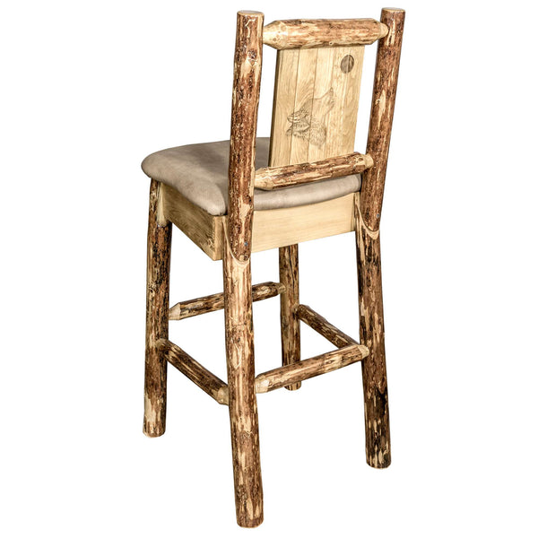 Montana Woodworks - Glacier Country Collection Barstool w/ Back - 44 in - Buckskin Upholstery, w/ Laser Engraved Wolf Design