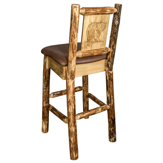 Montana Woodworks - Glacier Country Collection Barstool w/ Back - 44 in - Saddle Upholstery, w/ Laser Engraved Bear Design