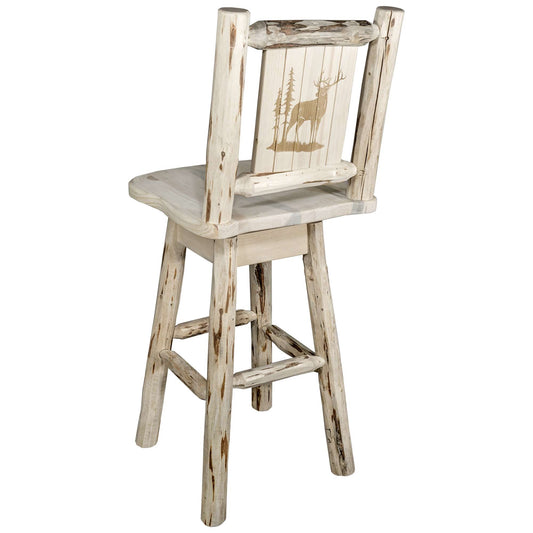 Montana Woodworks - Montana Collection Counter Height Barstool w/ Back & Swivel w/ Laser Engraved Elk Design, Clear Lacquer Finish  - 38 in