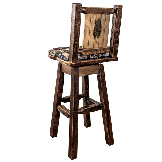 Montana Woodworks - Homestead Collection Counter Height Barstool w/ Back & Swivel, Woodland Upholstery w/ Laser Engraved Pine Tree Design - 38 in