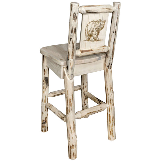 Montana Woodworks - Montana Collection Counter Height Barstool w/ Back, w/ Laser Engraved Bear Design, Clear Lacquer Finish  - 38 in