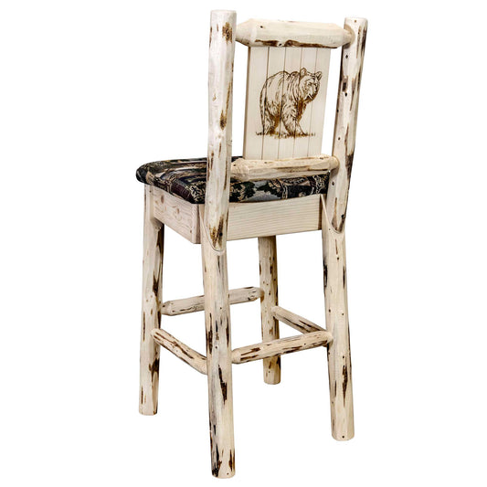 Montana Woodworks - Montana Collection Barstool w/ Back - Woodland Upholstery, w/ Laser Engraved Bear Design, Ready to Finish - 44 in