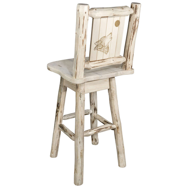 Montana Woodworks - Montana Collection Counter Height Barstool w/ Back & Swivel w/ Laser Engraved Wolf Design, Clear Lacquer Finish  - 38 in