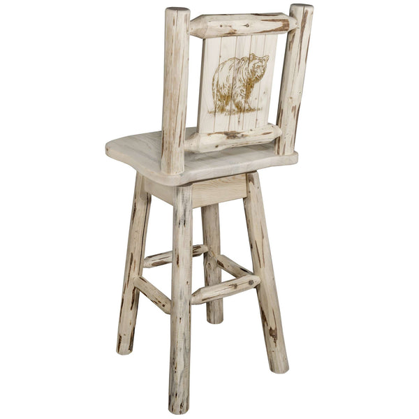 Montana Woodworks - Montana Collection Counter Height Barstool w/ Back & Swivel w/ Laser Engraved Bear Design, Clear Lacquer Finish  - 38 in