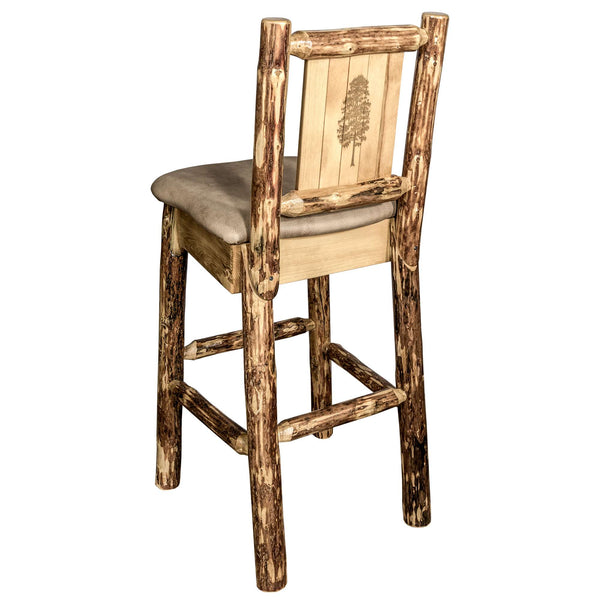 Montana Woodworks - Glacier Country Collection Barstool w/ Back - 44 in - Buckskin Upholstery, w/ Laser Engraved Pine Tree Design