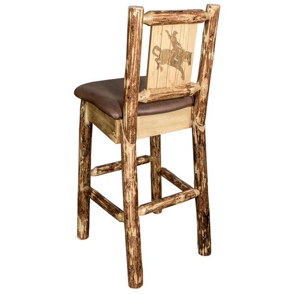 Montana Woodworks - Glacier Country Collection Barstool w/ Back - 44 in - Saddle Upholstery, w/ Laser Engraved Bronc Design