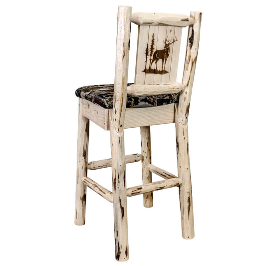 Montana Woodworks - Montana Collection Barstool w/ Back - Woodland Upholstery, w/ Laser Engraved Elk Design, Clear Lacquer Finish - 44 in