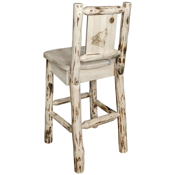 Montana Woodworks - Montana Collection Barstool w/ Back, w/ Laser Engraved Wolf Design, Clear Lacquer Finish  - 44 in