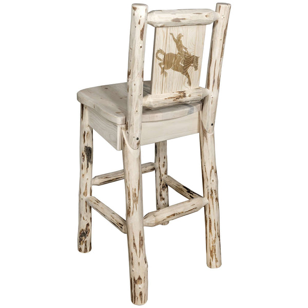 Montana Woodworks - Montana Collection Barstool w/ Back, w/ Laser Engraved Bronc Design, Clear Lacquer Finish  - 44 in
