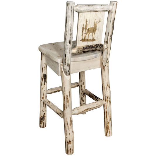 Montana Woodworks - Montana Collection Barstool w/ Back, w/ Laser Engraved Elk Design, Clear Lacquer Finish  - 44 in