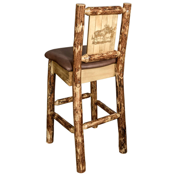 Montana Woodworks - Glacier Country Collection Barstool w/ Back - 44 in - Saddle Upholstery, w/ Laser Engraved Moose Design