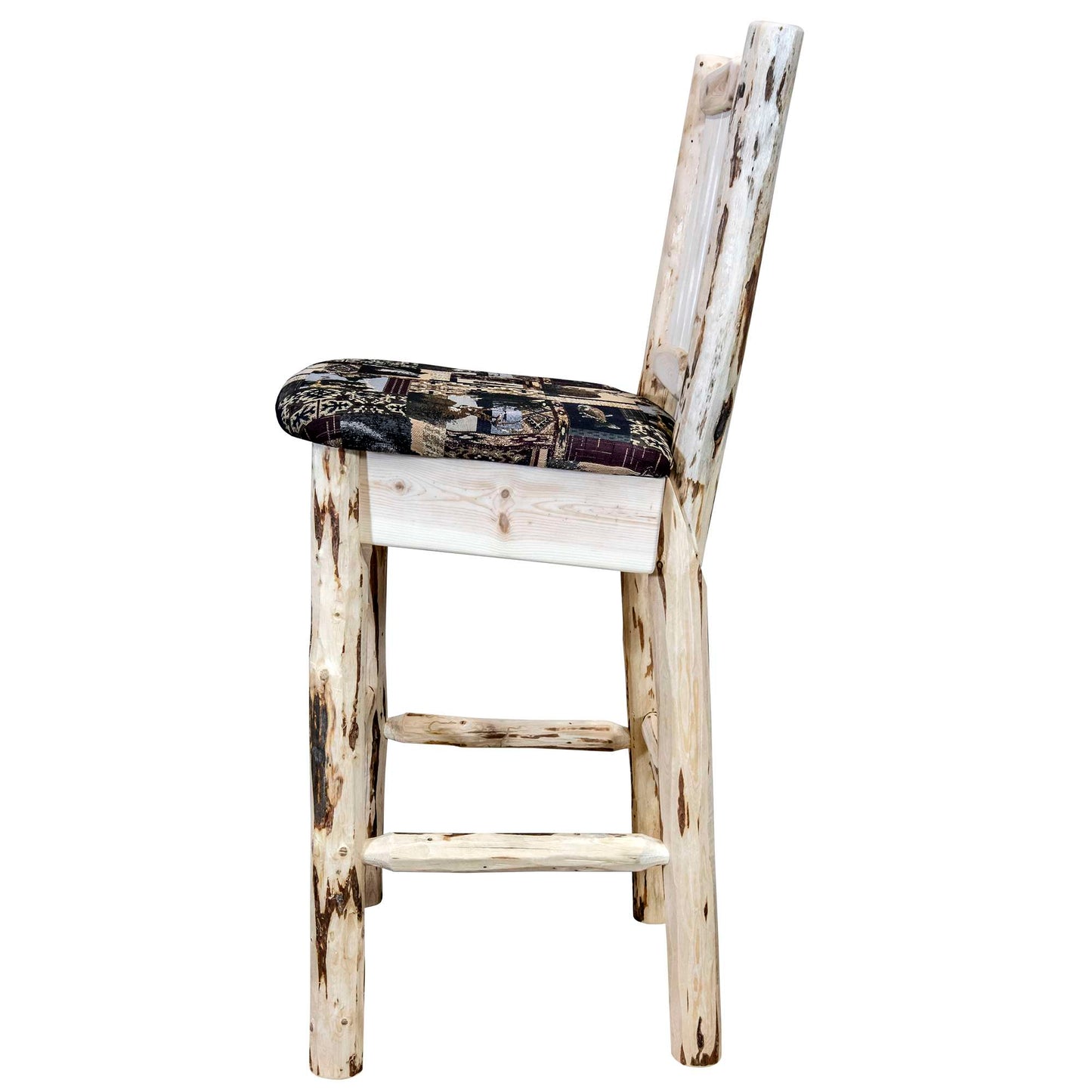 Montana Woodworks - Montana Collection Barstool w/ Back, Clear Lacquer Finish w/ Upholstered Seat, Woodland Pattern  - 44 in