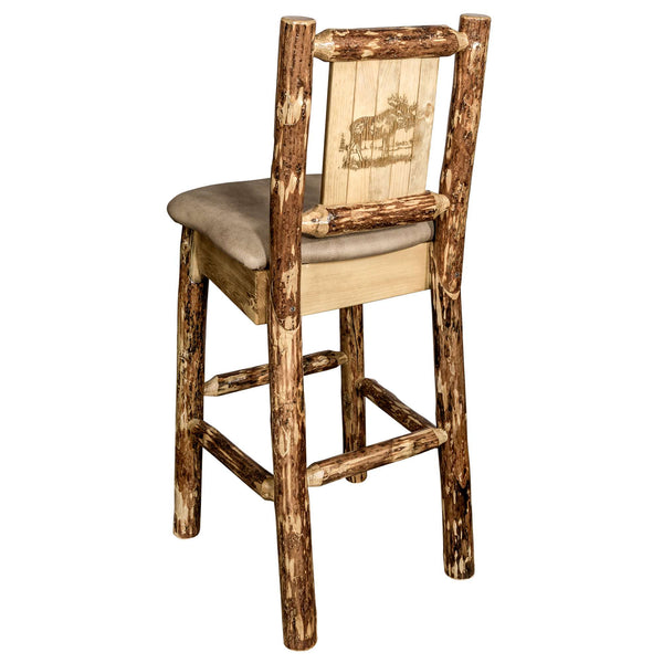 Montana Woodworks - Glacier Country Collection Barstool w/ Back - 44 in - Buckskin Upholstery, w/ Laser Engraved Moose Design