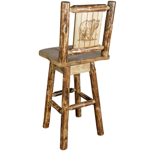 Montana Woodworks - Glacier Country Collection Barstool w/ Back & Swivel w/ Laser Engraved Bear Design - 44 in