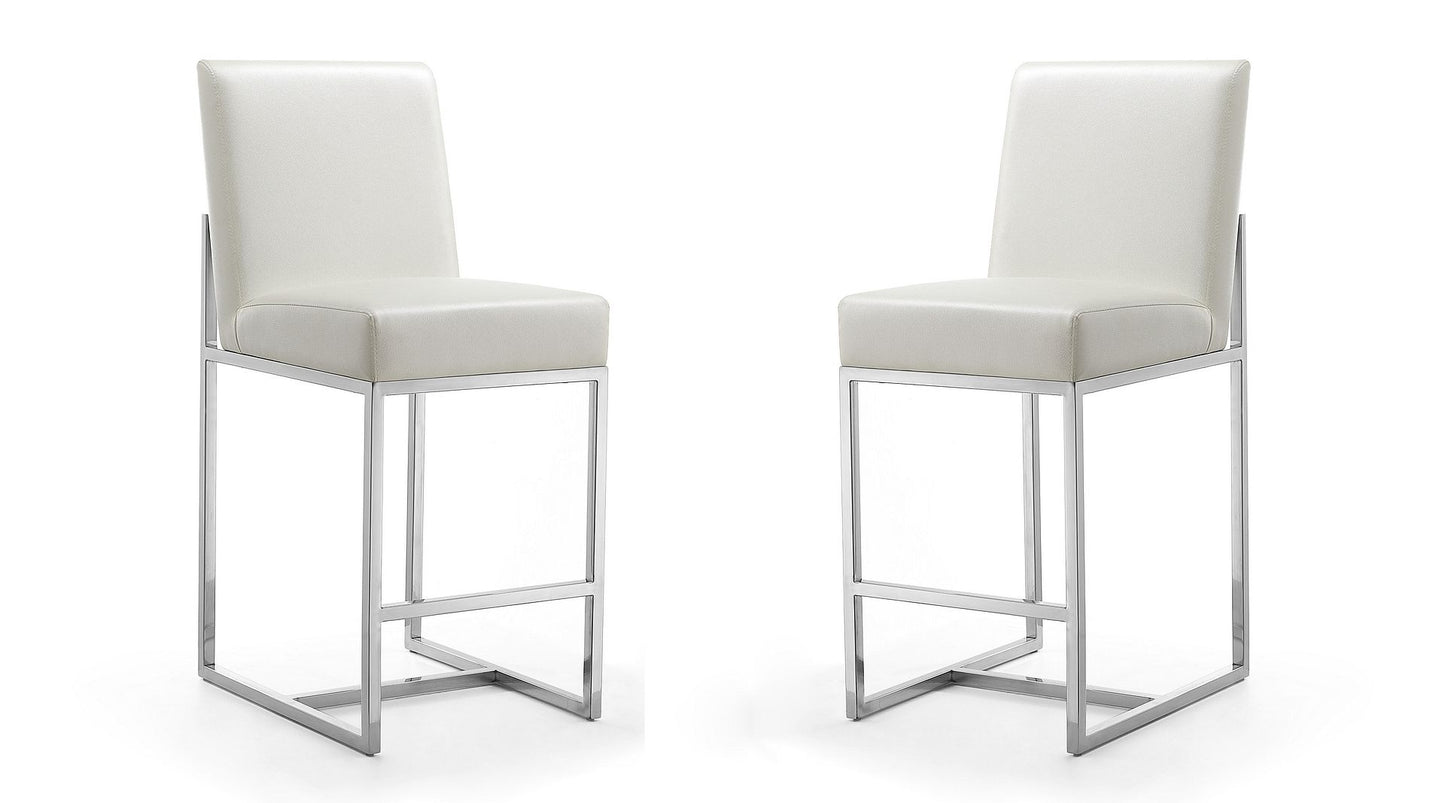 Manhattan Comfort Element 37.2 in. Pearl White and Polished Chrome Stainless Steel Counter Height Bar Stool (Set of 2)
