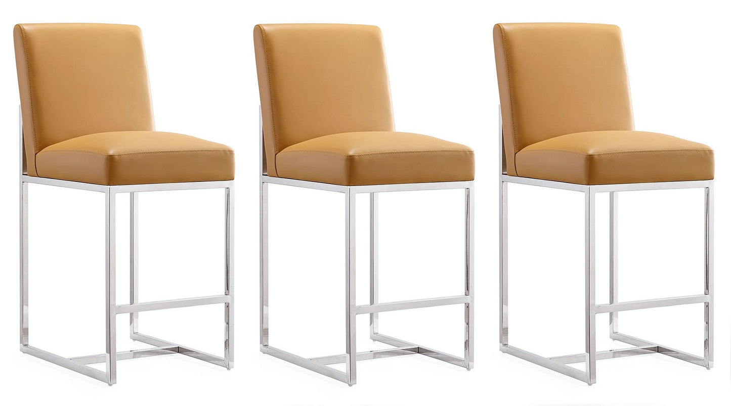 Manhattan Comfort Element 37.2 in. Camel and Polished Chrome Stainless Steel Counter Height Bar Stool (Set of 3)