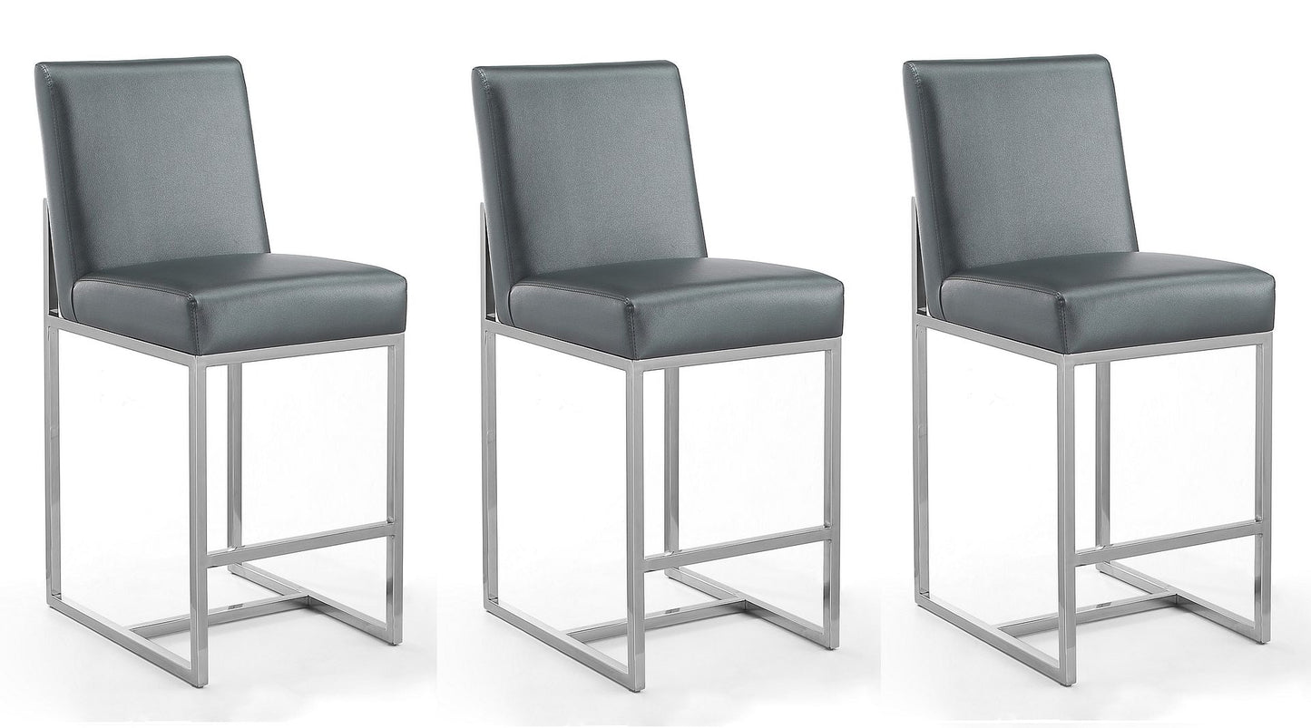 Manhattan Comfort Element 37.2 in. Graphite and Polished Chrome Stainless Steel Counter Height Bar Stool (Set of 3)