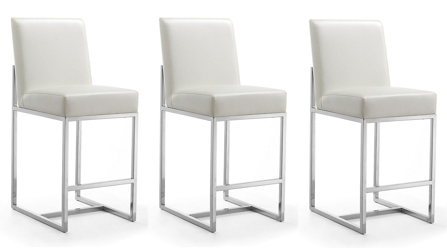 Manhattan Comfort Element 37.2 in. Pearl White and Polished Chrome Stainless Steel Counter Height Bar Stool (Set of 3)