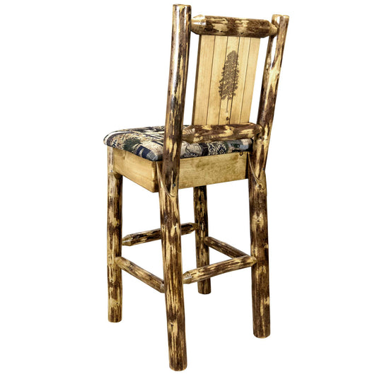 Montana Woodworks - Glacier Country Collection Barstool w/ Back - 44 in - Woodland Upholstery, w/ Laser Engraved Pine Tree Design