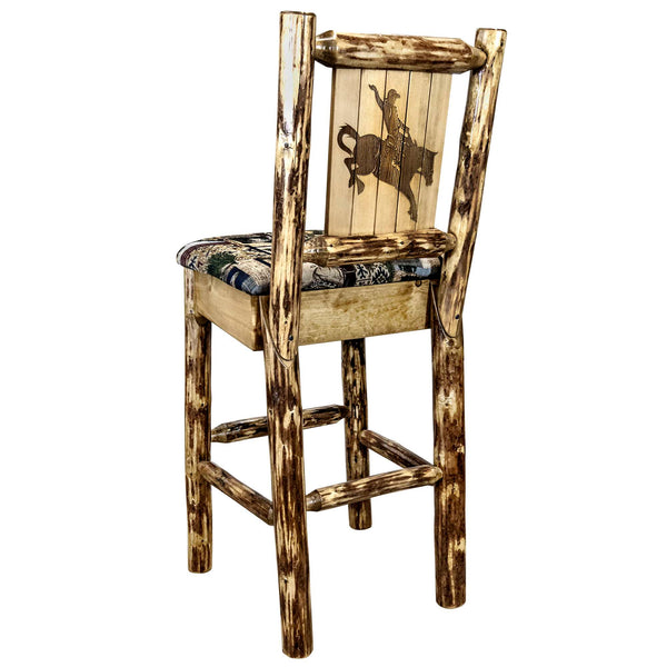 Montana Woodworks - Glacier Country Collection Barstool w/ Back - 44 in - Woodland Upholstery, w/ Laser Engraved Bronc Design