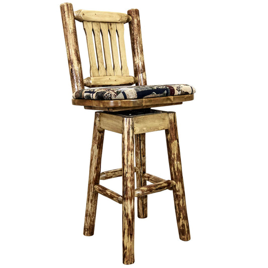 Montana Woodworks - Glacier Country Collection Barstool w/ Back & Swivel w/ Upholstered Seat, Woodland Pattern - 44 in