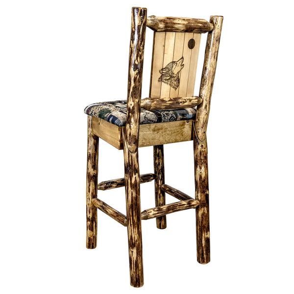 Montana Woodworks - Glacier Country Collection Barstool w/ Back - 44 in - Woodland Upholstery, w/ Laser Engraved Wolf Design