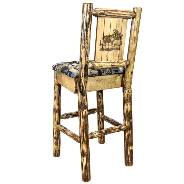 Montana Woodworks - Glacier Country Collection Barstool w/ Back - 44 in - Woodland Upholstery, w/ Laser Engraved Moose Design