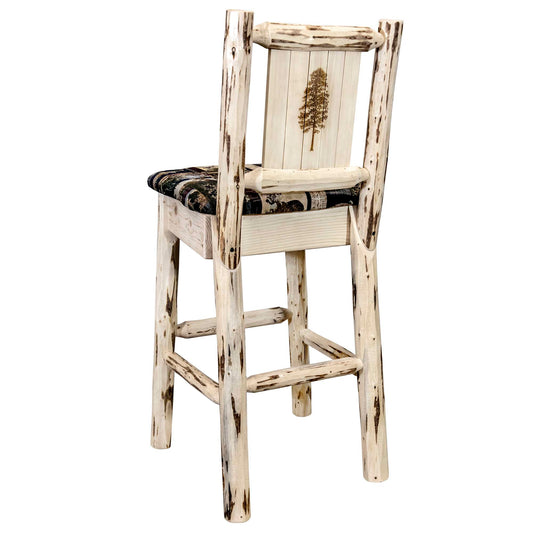Montana Woodworks - Montana Collection Barstool w/ Back - Woodland Upholstery, w/ Laser Engraved Pine Tree Design, Clear Lacquer Finish - 44 in