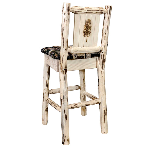 Montana Woodworks - Montana Collection Barstool w/ Back - Woodland Upholstery, w/ Laser Engraved Pine Tree Design, Ready to Finish - 44 in