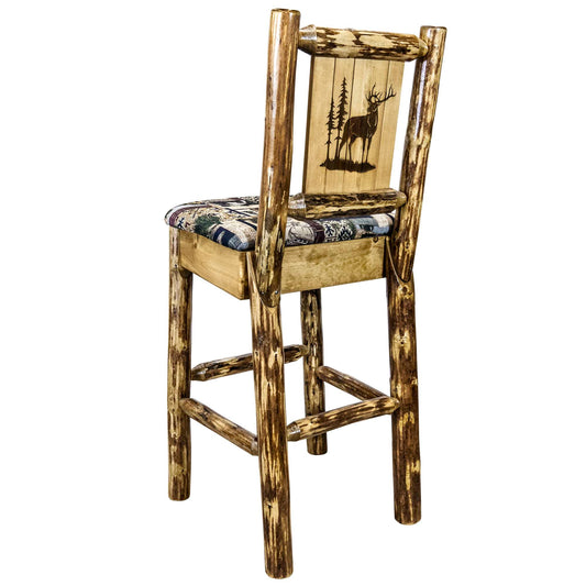 Montana Woodworks - Glacier Country Collection Barstool w/ Back - 44 in - Woodland Upholstery, w/ Laser Engraved Elk Design