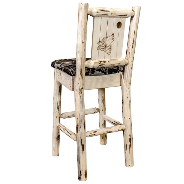 Montana Woodworks - Montana Collection Barstool w/ Back - Woodland Upholstery, w/ Laser Engraved Wolf Design, Ready to Finish - 44 in