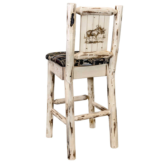 Montana Woodworks - Montana Collection Barstool w/ Back - Woodland Upholstery, w/ Laser Engraved Moose Design, Ready to Finish - 44 in