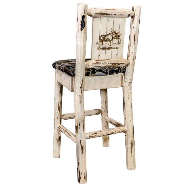 Montana Woodworks - Montana Collection Barstool w/ Back - Woodland Upholstery, w/ Laser Engraved Moose Design, Clear Lacquer Finish - 44 in