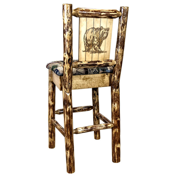 Montana Woodworks - Glacier Country Collection Barstool w/ Back - 44 in - Woodland Upholstery, w/ Laser Engraved Bear Design